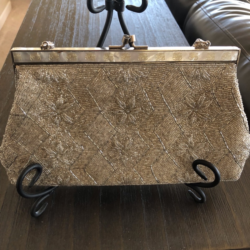 Silver beaded vintage clutch
